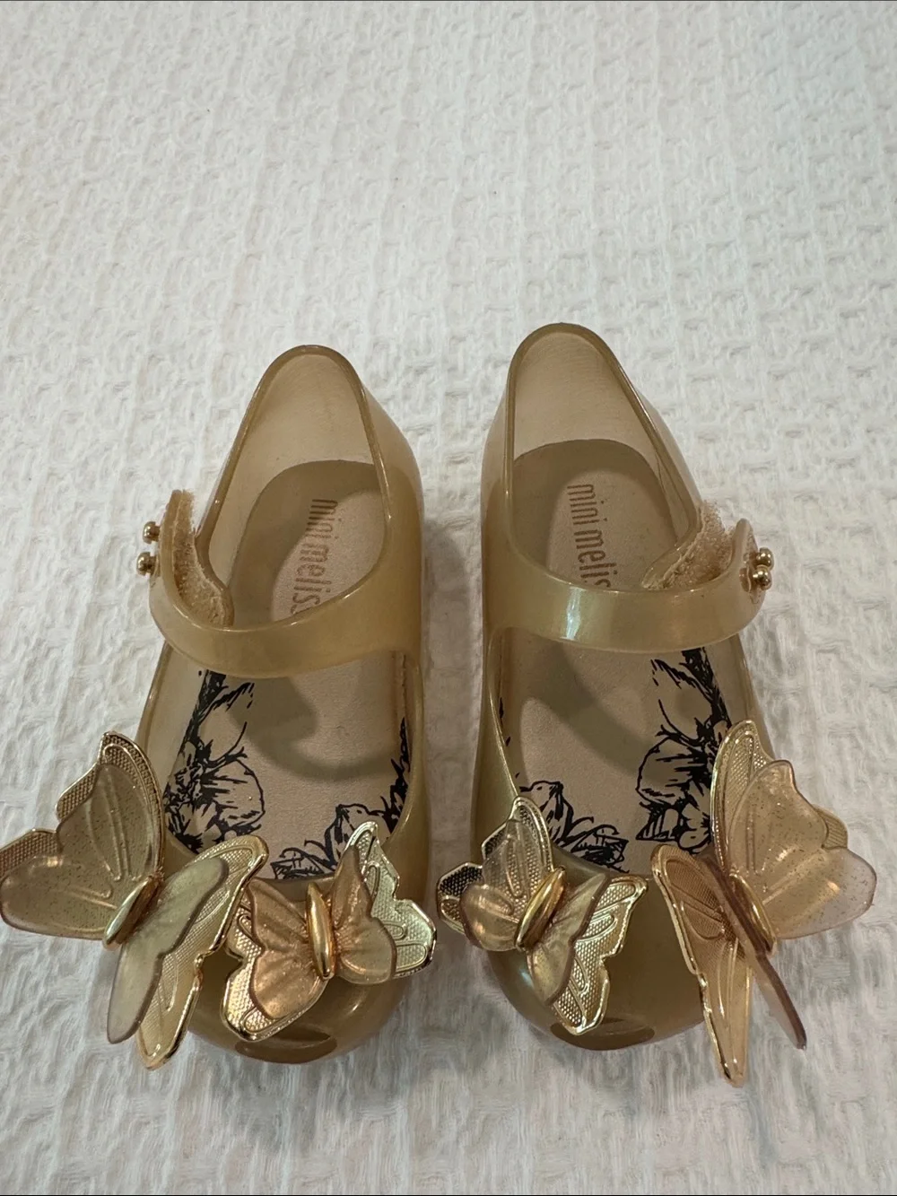 Mini Melissa Girls' Gold Glitter Jelly Mary Janes with Butterfly Accents